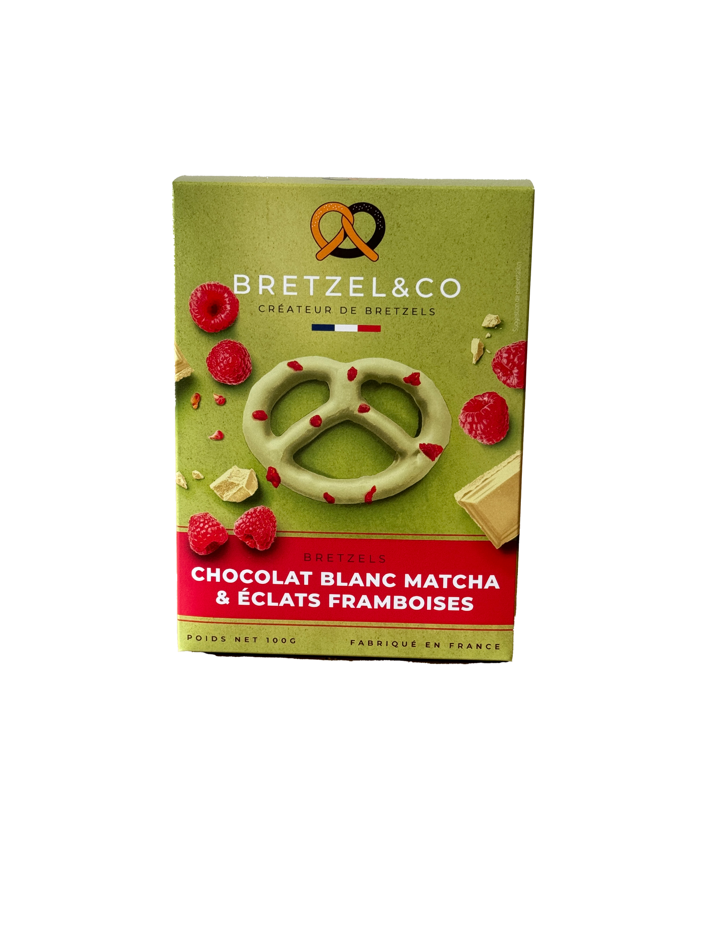 Bretzel chocolat blanc matcha et éclats de framboises