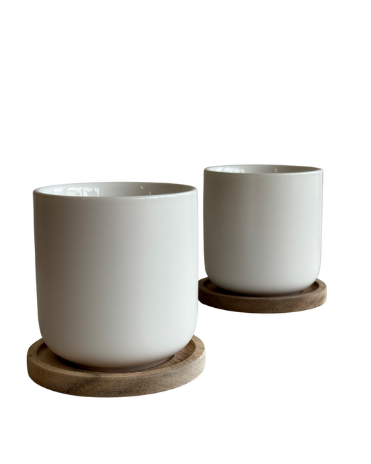 Set de 2 tasses enzo en porcelaine avec support en bois d'acacia 25cl
