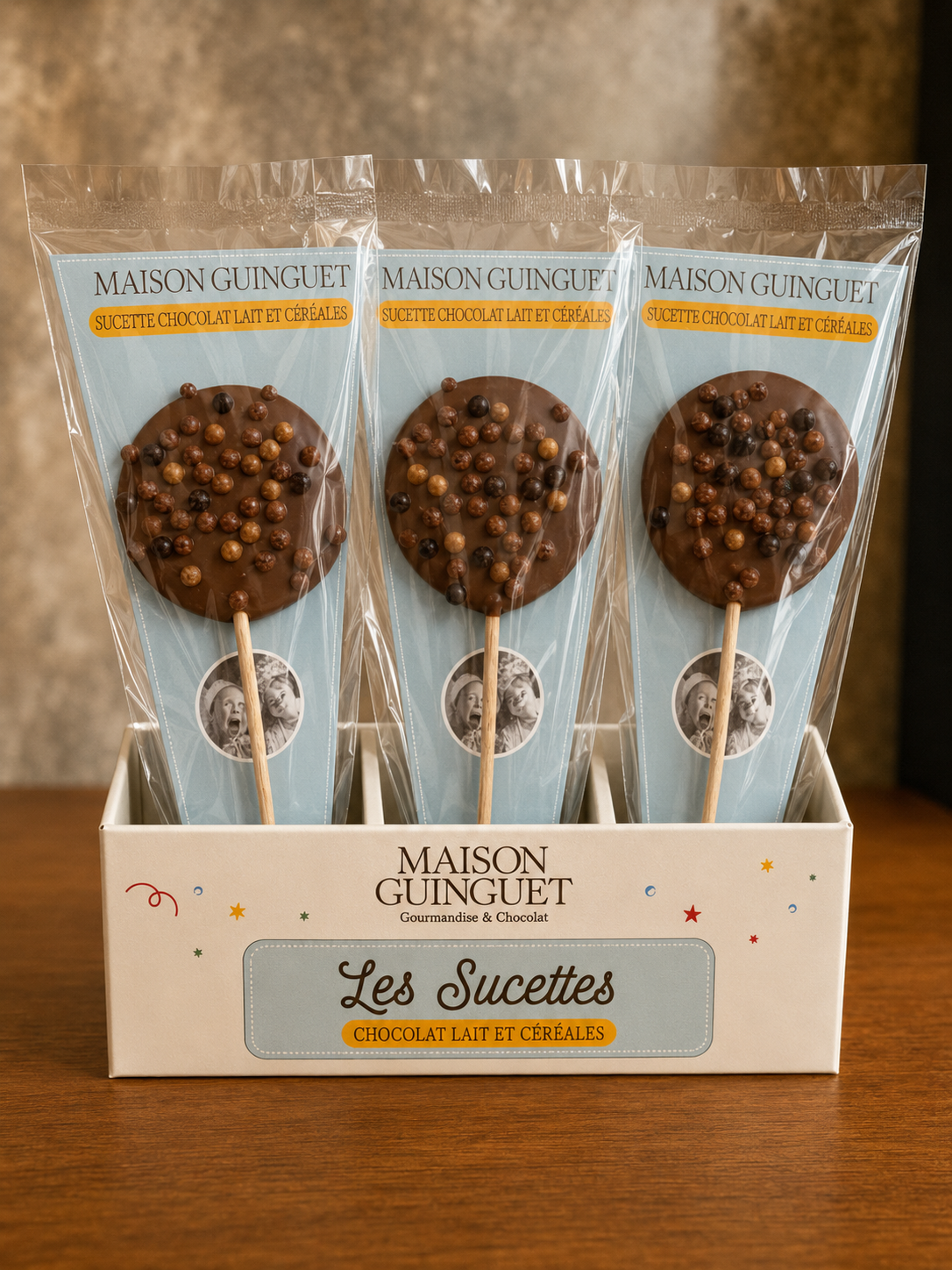 Maison Guinguet – Sucette Chocolat au Lait & Céréales Croustillantes 25g