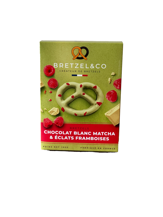 Bretzel chocolat blanc matcha et éclats de framboises